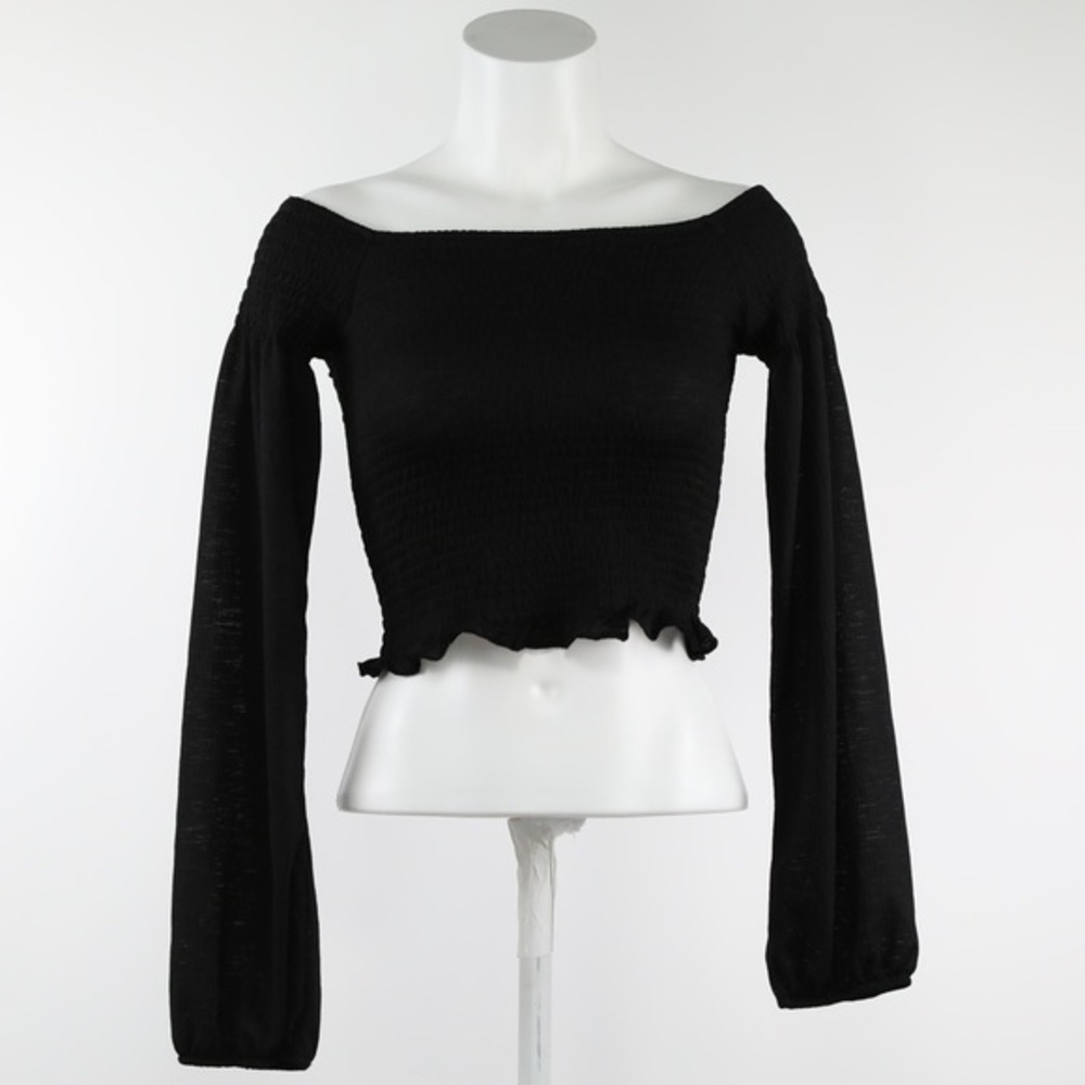 Bershka Black Shirred square neck lettuce‎ hem crop XS